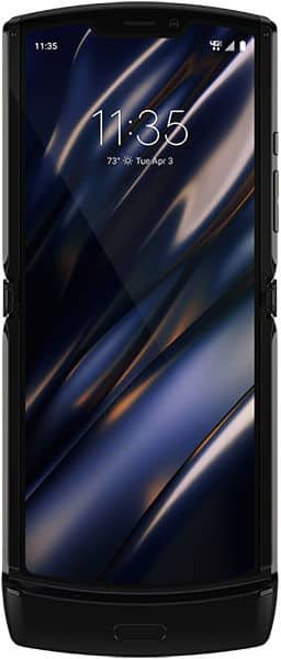 Motorola Razr (2019) open, front view, displaying home screen with time 11:35 and blue diagonal stripe wallpaper