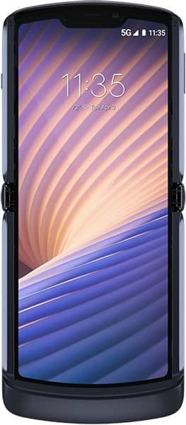 Front view of open Motorola Razr (2020) showing geometric swirl screen, 11:35 time, and 5G signal in the corner.