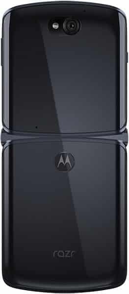 Rear view of a closed black Motorola Razr (2020) flip phone showing centered logo and single top camera lens.