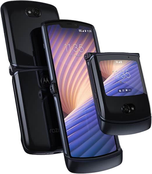 Motorola Razr (2020) 5G in black, shown front view: fully open with main display and partially folded showing external screen.