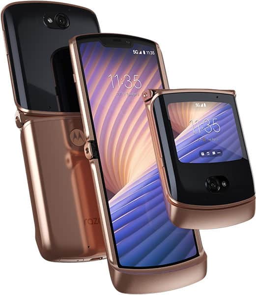 Motorola Razr (2020) in rose gold: front view fully open showing main screen, and side view half-folded showing outer display.