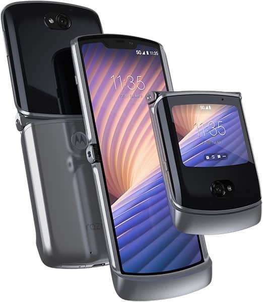 Motorola Razr (2020) in grey shown front-on: one unfolded with main display, one partially folded showing external screen.