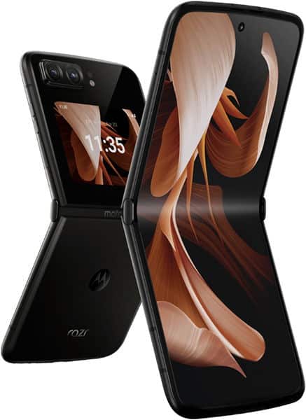 Motorola Razr (2022) folded and unfolded, showing closed external display and open full screen in black with abstract orange wallpaper