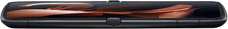 Motorola Razr (2022) folded closed, showing the outer display and black casing with copper accent stripe, viewed from above