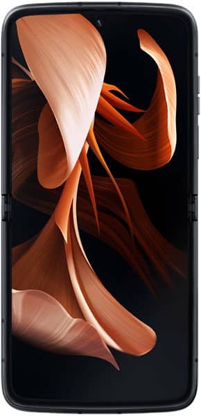 Motorola Razr (2022) front view with display showing abstract orange and red curved shapes on black background