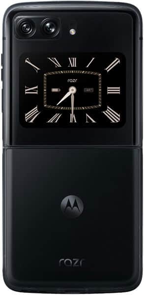 Motorola Razr (2022) folded closed, displaying a clock with Roman numerals on the front external screen, black finish, rear view