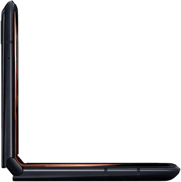 Motorola Razr (2022) open in folded position, showing black exterior with orange accent stripe along the hinge and bottom edge