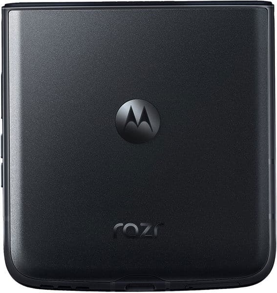 Motorola Razr (2022) rear view, showing closed folded design with Motorola logo and "razr" text on black exterior