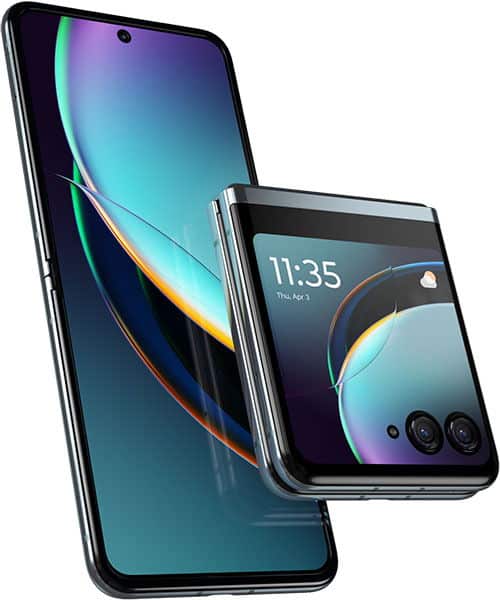 Motorola Razr 40 Ultra shown open and closed, displaying the main screen with gradient wallpaper and the cover display with time and weather