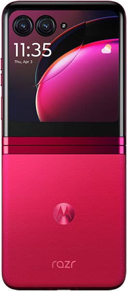 Motorola Razr 40 Ultra folded open, displaying pink and black design with dual rear cameras, lock screen showing time and date
