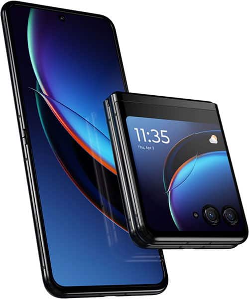 Motorola Razr 40 Ultra foldable phone shown open and closed, displaying colorful blue display with geometric design and time display on outer screen