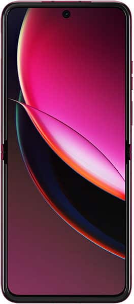 Motorola Razr 40 Ultra front view, displaying colorful gradient wallpaper with pink, orange, and dark tones on screen