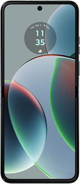 Motorola Razr 40 front view with nearly bezel-less display, centered punch-hole camera, and time, date, weather at top.