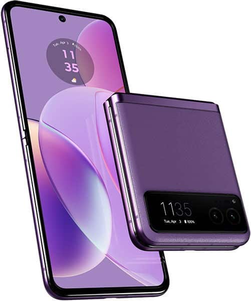 Purple Motorola Razr 40 foldable, side angle, half open to show inner screen and outer display; dual rear cameras beside cover.