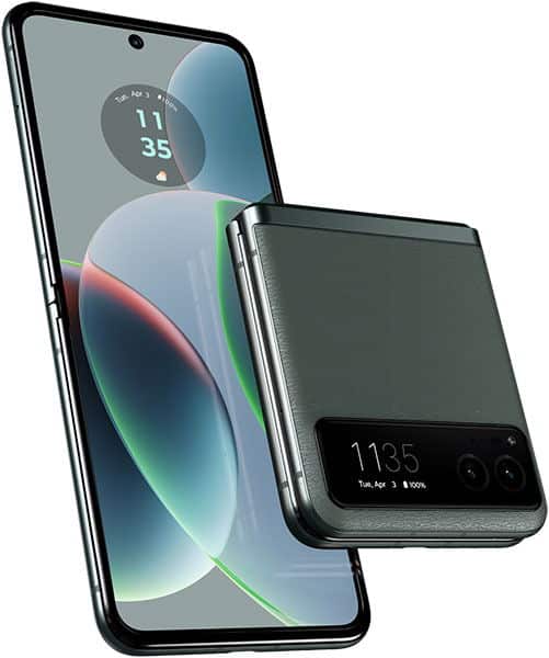 Motorola Razr 40 shown at an angled view: main screen fully open, front display and dual cameras visible on half-folded side.