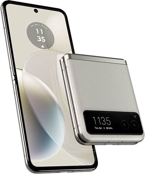 Motorola Razr 40 shown front view: fully open with main screen, and side angle partially folded showing external display and cameras.