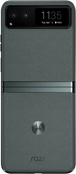 Rear view of closed gray Motorola Razr 40 foldable, dual cameras, small external display with date/time, Motorola logo at bottom.