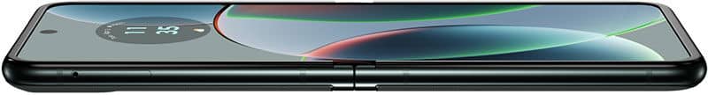 Motorola Razr 40 in black, partially unfolded, side view showing hinge, screen curve, and inner circular display.