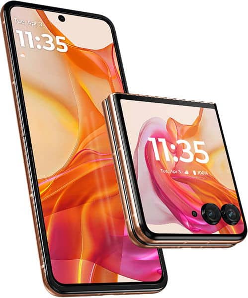 Motorola Razr 50 Ultra folded and unfolded, displaying colorful orange and pink abstract wallpaper on both screens