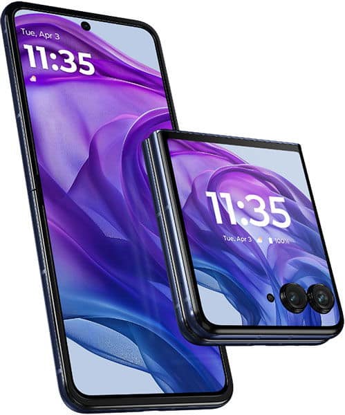 Motorola Razr 50 Ultra, open and closed positions, displaying purple abstract wallpaper on both screens