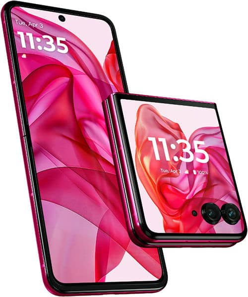 Motorola Razr 50 Ultra, front and rear views, showing pink abstract wallpaper on screens and dual rear cameras