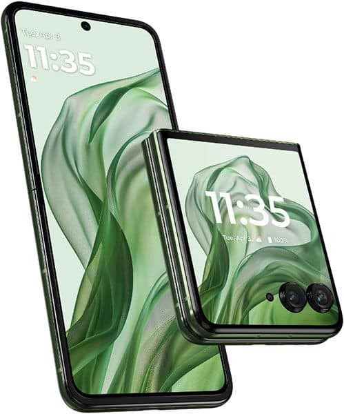 Motorola Razr 50 Ultra, open and closed views, showing large outer display and dual rear cameras with green leaf wallpaper