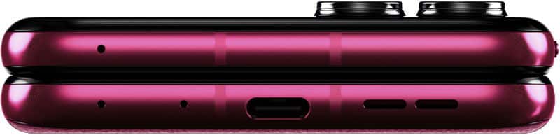 Motorola Razr 50 Ultra folded closed, rear view showing magenta and black design with dual cameras at top and ports along spine