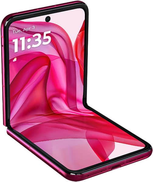Motorola Razr 50 Ultra open, displaying vibrant pink and red abstract wallpaper on folded screen with time 11:35