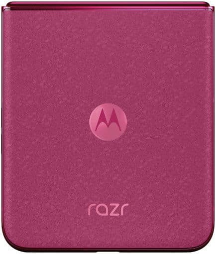 Motorola Razr 50 Ultra folded closed, rear view, in magenta pink with Motorola logo visible