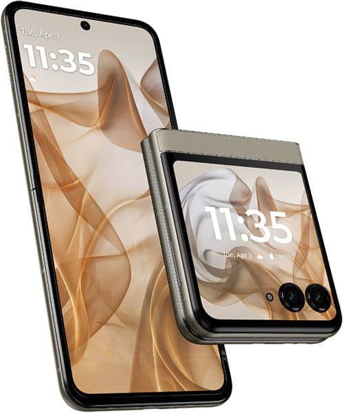 Motorola Razr 50 shown front-on: one fully open, tall screen; one partially folded with front display and dual cameras visible.
