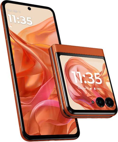 Orange Motorola Razr 50 foldable shown front-facing, unfolded and partially folded, screens display 11:35, April 3.