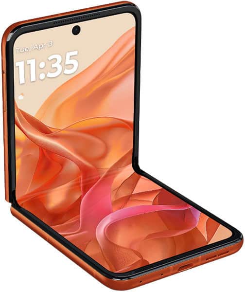 Front angled view of a partially open Motorola Razr 50 in orange, showing its hinge and main screen with abstract wallpaper at 11:35.