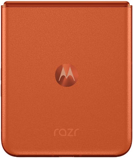 Front view of closed orange Motorola Razr 50 flip phone with centered Motorola logo and "razr" branding near the bottom.
