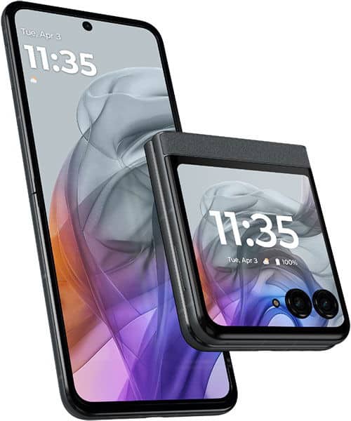 Motorola Razr 50 shown front-facing: fully open with main display and partially folded to reveal outer screen and dual cameras.