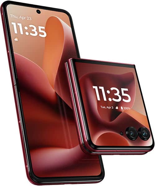 Motorola Razr 60 Ultra in red: front view fully open with main display, side view partially folded showing rear cameras and cover screen.