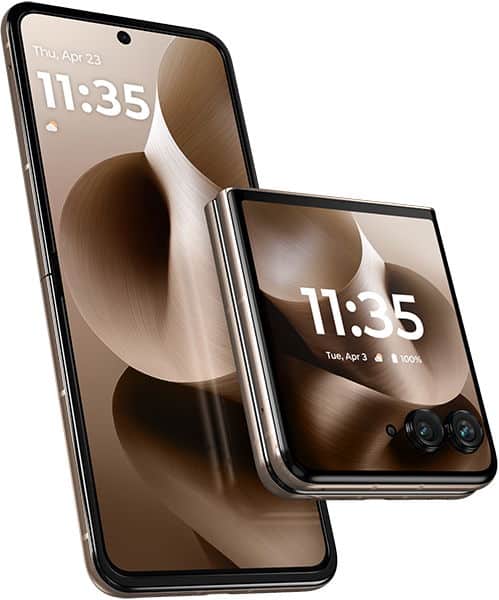 Motorola Razr 60 Ultra shown front-on: one fully open, one folded at 90°, both with metallic frames and dual rear cameras.