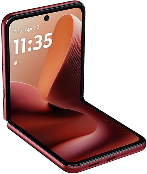 Motorola Razr 60 Ultra in half-open, side view; reddish frame, screen on with 11:35 time and April 23 date, abstract background.