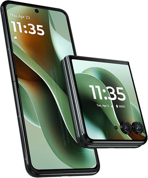 Motorola Razr 60 Ultra side-by-side: one front view fully open, one side view partially folded showing external screen and cameras.