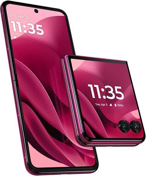 Motorola Razr 60 Ultra in metallic pink shown open (front view) and partially folded to display external screen and rear cameras.
