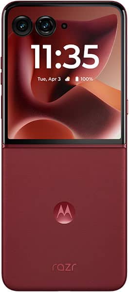 Front view of a red Motorola Razr 60 Ultra half-folded, external display on with time, date, battery, logo, and "razr" branding.