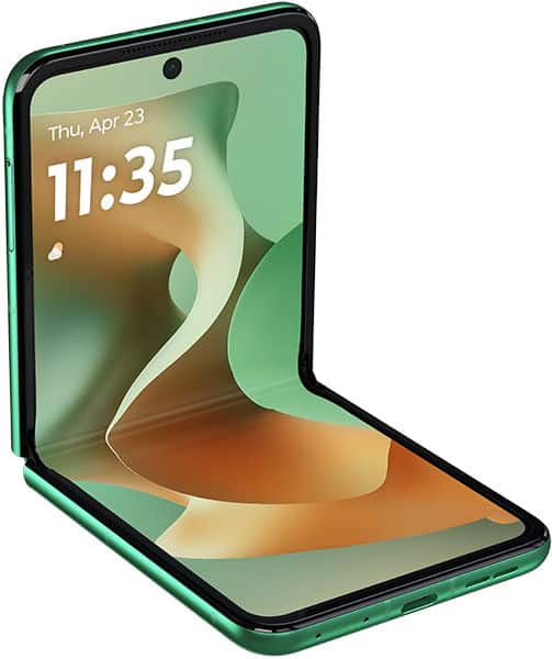 Motorola Razr 60 folded open, displaying lock screen with time and date, green and orange gradient wallpaper