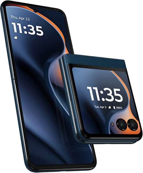 Motorola Razr 60 foldable phone shown open and closed, displaying time 11:35 on both screens with orange accent stripe
