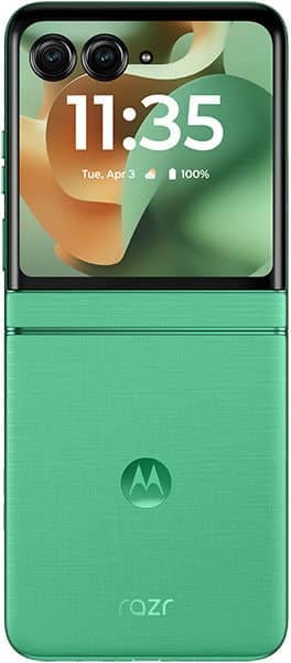 Motorola Razr 60 folded open, showing dual rear cameras and green display with time 11:35, battery at 100%