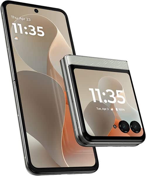 Motorola Razr 60 foldable phone displayed open and closed, showing full screen and dual rear cameras