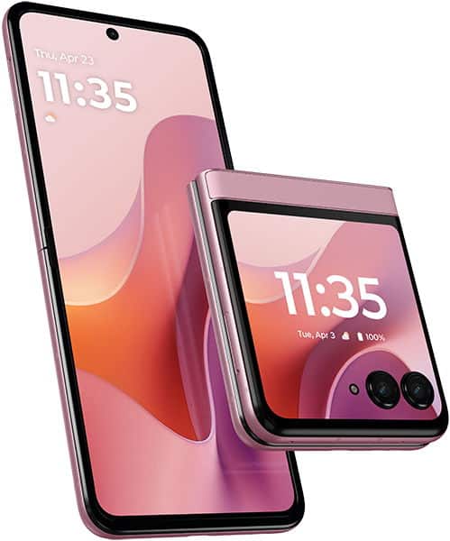 Motorola Razr 60 foldable phone shown open and closed, displaying pink gradient wallpaper with time 11:35 on both screens