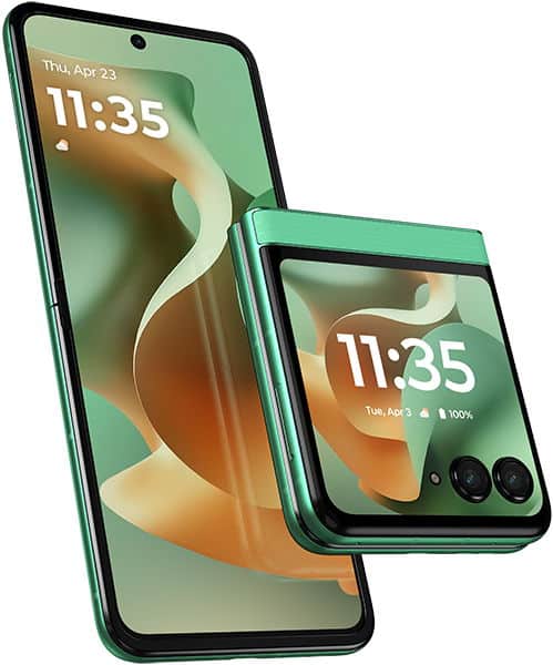 Motorola Razr 60 foldable phone shown open and closed, displaying green wallpaper with time 11:35 on both screens