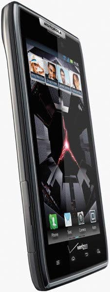 Motorola RAZR smartphone, front angle, displaying home screen with app icons and wallpaper