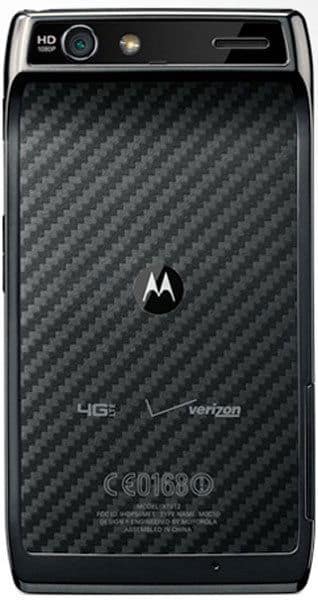Motorola RAZR rear view, showing black carbon fiber back panel, HD camera, Motorola logo, and Verizon 4G LTE branding