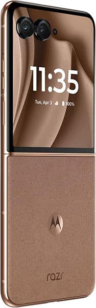 Motorola Razr+ (2025) in bronze, partially open, front angle shows external display with time, date, battery; logo visible.