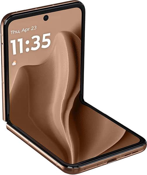 Front view of partially open bronze Motorola Razr+ (2025), time and date visible, noticeable crease down screen center.